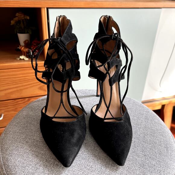 Aquazzura Belgravia Lattice Suede Pointed Toe Black Pumps size 40 SW - Picture 3 of 6